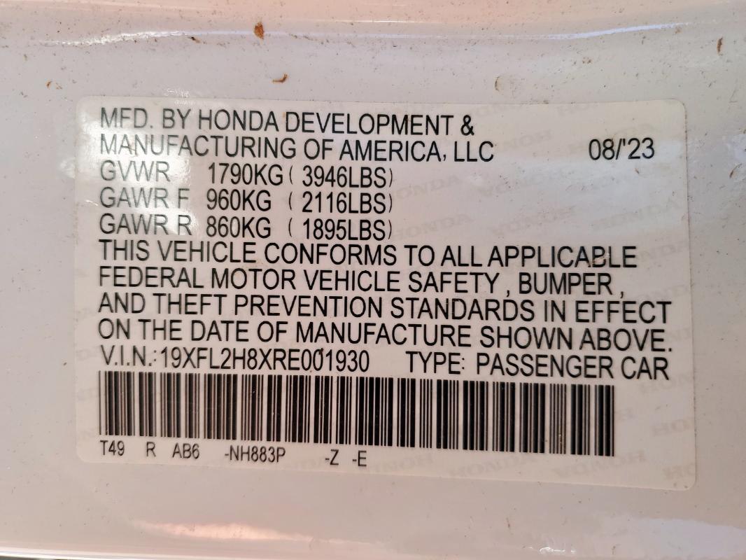 19XFL2H8XRE001930 - 2024 HONDA CIVIC SPORT WHITE photo 12