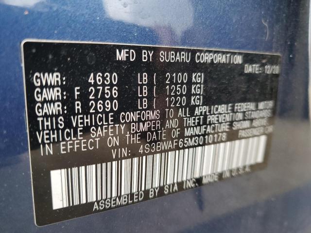 4S3BWAF65M3010178 - 2021 SUBARU LEGACY PREMIUM BLUE photo 12