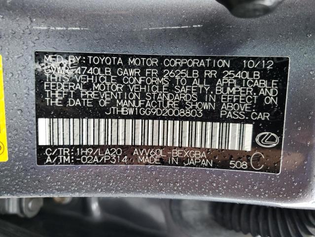 JTHBW1GG9D2008803 - 2013 LEXUS ES 300H GRAY photo 12