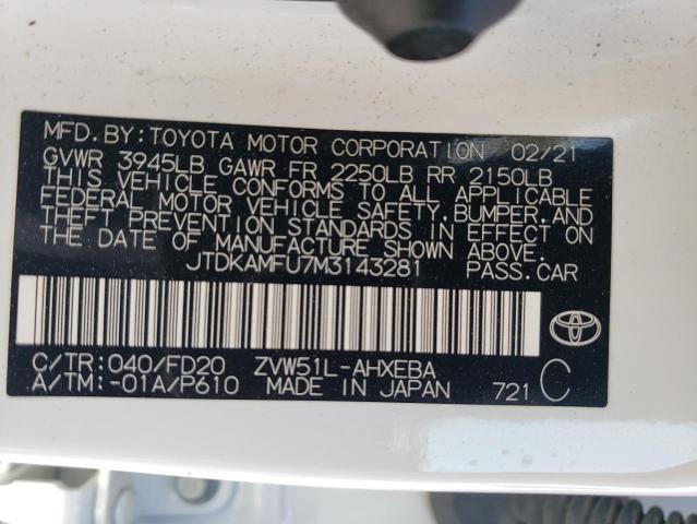 JTDKAMFU7M3143281 - 2021 TOYOTA PRIUS SPECIAL EDITION WHITE photo 13