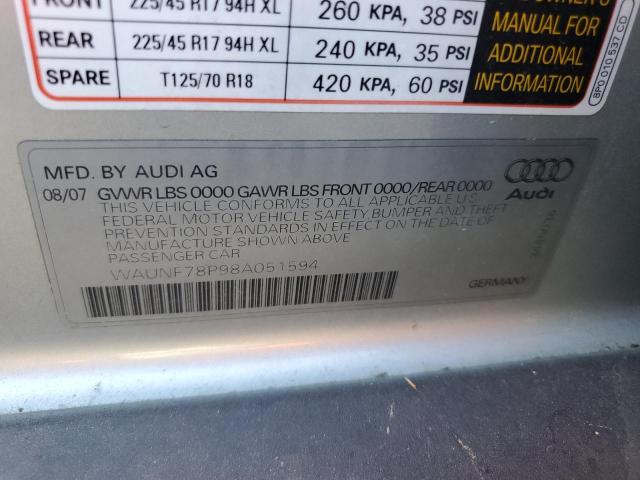 WAUNF78P98A051594 - 2008 AUDI A3 2.0 PREMIUM GRAY photo 12