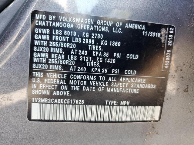 1V2MR2CA5KC517625 - 2019 VOLKSWAGEN ATLAS SEL GRAY photo 14
