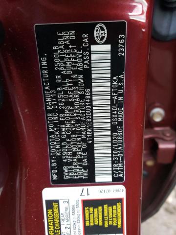 4T1BK1EB2DU014866 - 2013 TOYOTA AVALON BASE 勃艮第红 照片 12