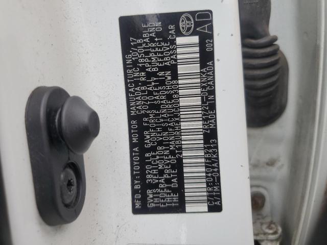 2T1BURHEXJC008308 - 2018 TOYOTA COROLLA L WHITE photo 12