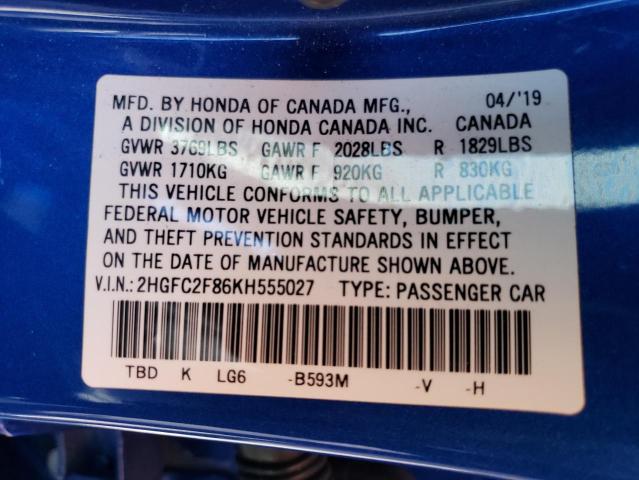 2HGFC2F86KH555027 - 2019 HONDA CIVIC SPORT 蓝色 照片 13