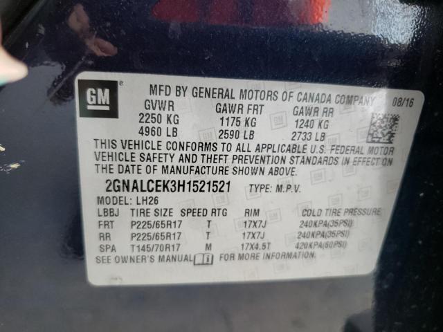 2GNALCEK3H1521521 - 2017 CHEVROLET EQUINOX LT BLUE photo 13