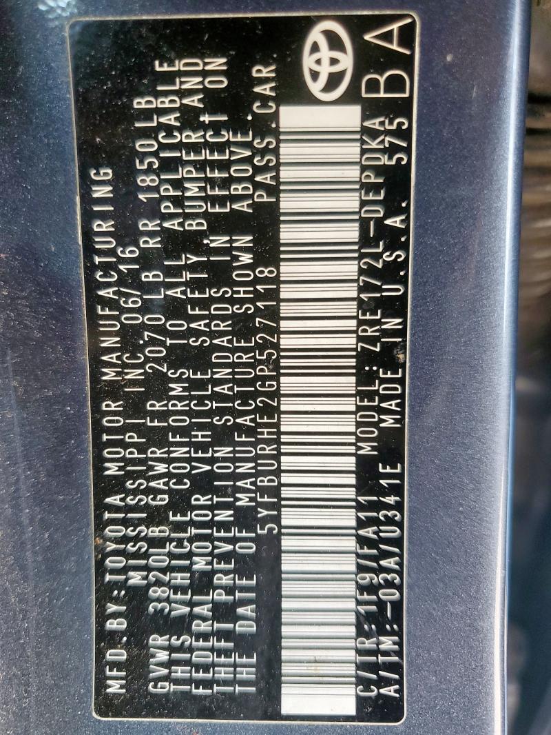 5YFBURHE2GP527118 - 2016 TOYOTA COROLLA L BLUE photo 12