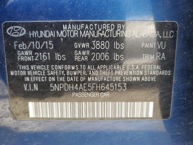 5NPDH4AE5FH645153 - 2015 HYUNDAI ELANTRA SE BLUE photo 12