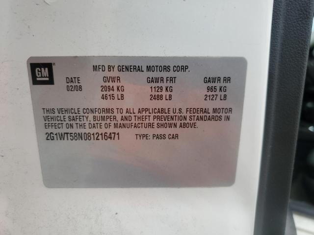 2G1WT58N081216471 - 2008 CHEVROLET IMPALA LT WHITE photo 12