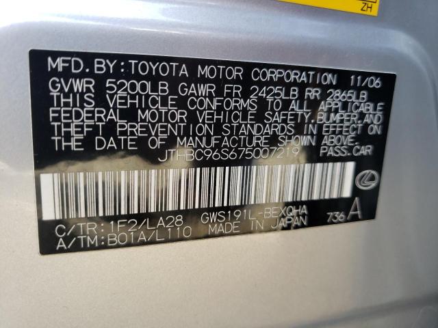 JTHBC96S675007219 - 2007 LEXUS GS 450H SILVER photo 12