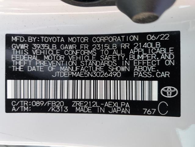 JTDEPMAE5N3026490 - 2022 TOYOTA COROLLA LE WHITE photo 12