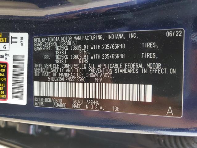 5TDGZRAH2NS553590 - 2022 TOYOTA HIGHLANDER XLE BLUE photo 14