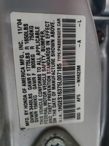 1HGES16375L007185 - 2005 HONDA CIVIC DX VP Silber Foto 12