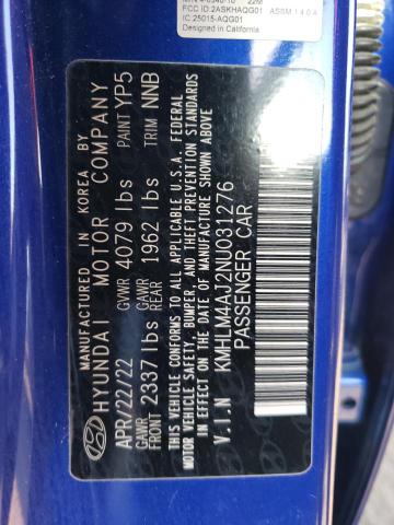 KMHLM4AJ2NU031276 - 2022 HYUNDAI ELANTRA BLUE BLUE photo 12