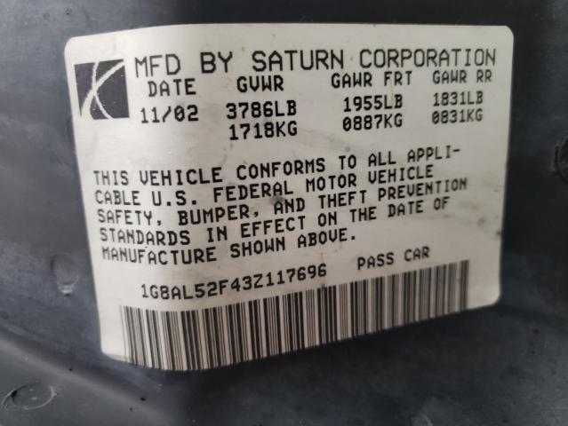 1G8AL52F43Z117696 - 2003 SATURN ION LEVEL 3 BLACK photo 10
