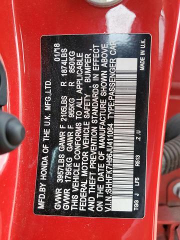 SHHFK7H96JU411064 - 2018 HONDA CIVIC SPORT TOURING RED photo 12