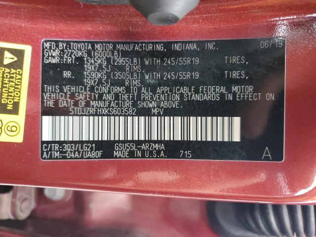 5TDJZRFHXKS603582 - 2019 TOYOTA HIGHLANDER SE RED photo 14
