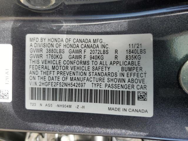 2HGFE2F52NH542697 - 2022 HONDA CIVIC SPORT შავი ფოტო 12