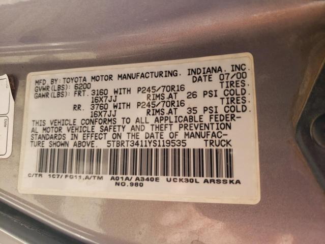 5TBRT3411YS119535 - 2000 TOYOTA TUNDRA ACCESS CAB ნაცრისფერი ფოტო 12