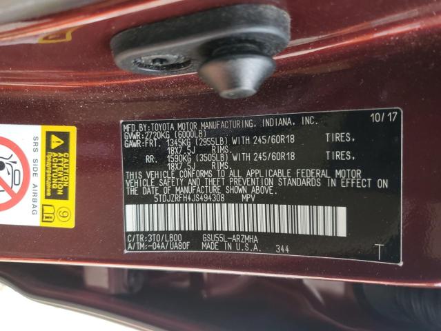 5TDJZRFH4JS494308 - 2018 TOYOTA HIGHLANDER SE Бордовий фото 13