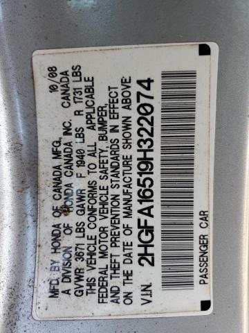 2HGFA16519H322074 - 2009 HONDA CIVIC LX SILVER photo 12