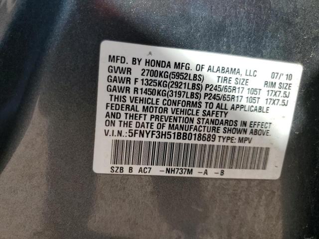 5FNYF3H51BB018689 - 2011 HONDA PILOT EXL GRAY photo 13