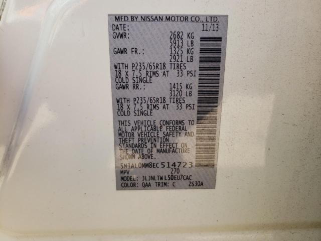 5N1AL0MM8EC514723 - 2014 INFINITI QX60 WHITE photo 13