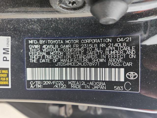JTDS4MCE2MJ078971 - 2021 TOYOTA COROLLA SE BLACK photo 12