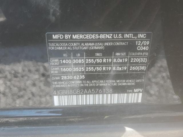 4JGBB8GB2AA576138 - 2010 MERCEDES-BENZ ML 350 4MATIC BLACK photo 13