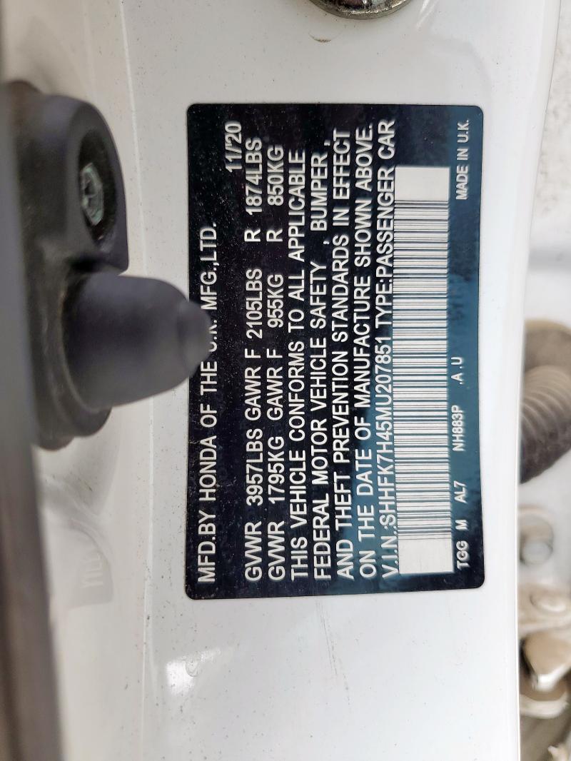 SHHFK7H45MU207851 - 2021 HONDA CIVIC SPORT WHITE photo 12