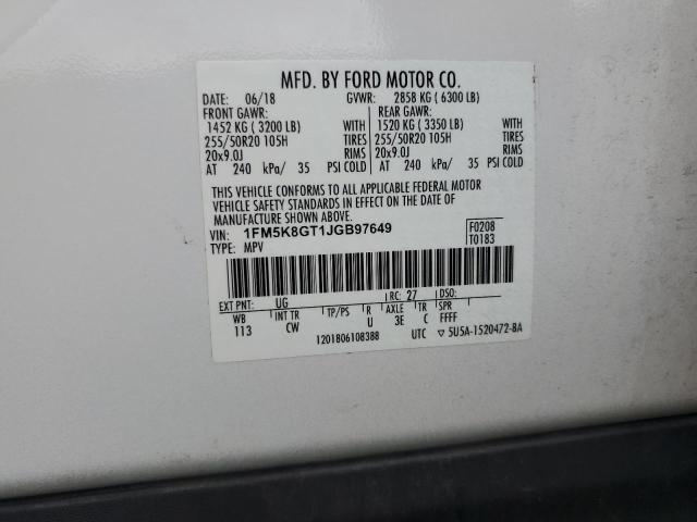 1FM5K8GT1JGB97649 - 2018 FORD EXPLORER SPORT 白色 照片 13