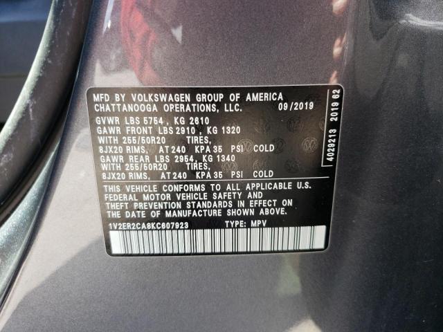 1V2ER2CA8KC607923 - 2019 VOLKSWAGEN ATLAS SEL GRAY photo 13