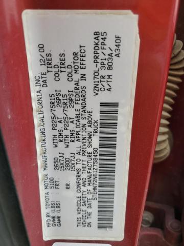 5TEHN72N61Z758450 - 2001 TOYOTA TACOMA DOUBLE CAB RED photo 12