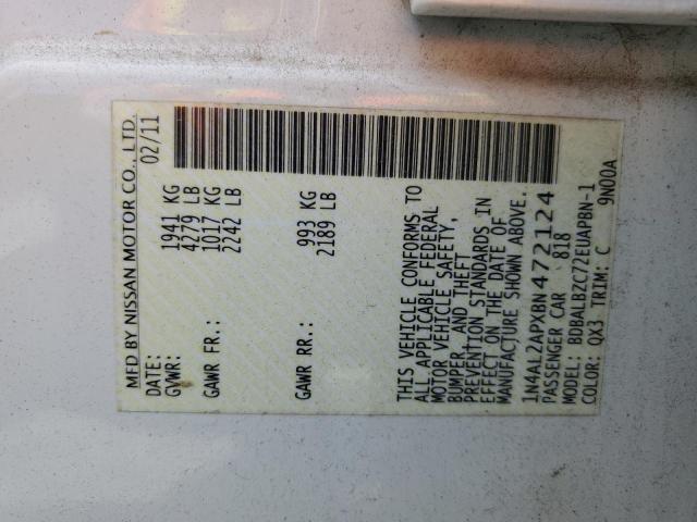 1N4AL2APXBN472124 - 2011 NISSAN ALTIMA BASE WHITE photo 12