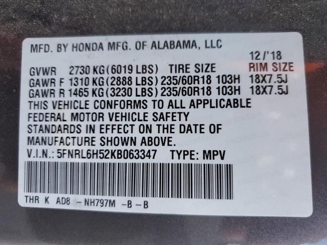 5FNRL6H52KB063347 - 2019 HONDA ODYSSEY EX GRAY photo 13