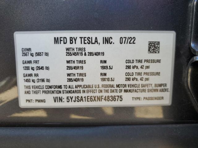 5YJSA1E6XNF483675 - 2022 TESLA MODEL S Գրաֆիտ լուսանկար 12