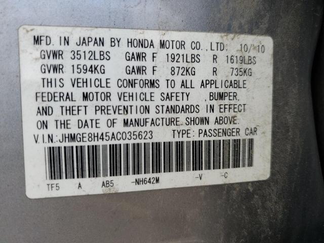 JHMGE8H45AC035623 - 2010 HONDA FIT SPORT SILVER photo 13