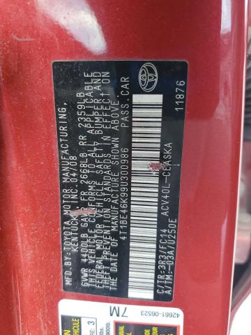 4T1BE46K99U300986 - 2009 TOYOTA CAMRY BASE RED photo 12