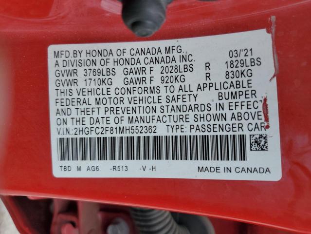 2HGFC2F81MH552362 - 2021 HONDA CIVIC SPORT წითელი ფოტო 12