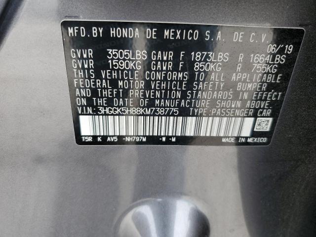 3HGGK5H88KM738775 - 2019 HONDA FIT EX GRAY photo 12