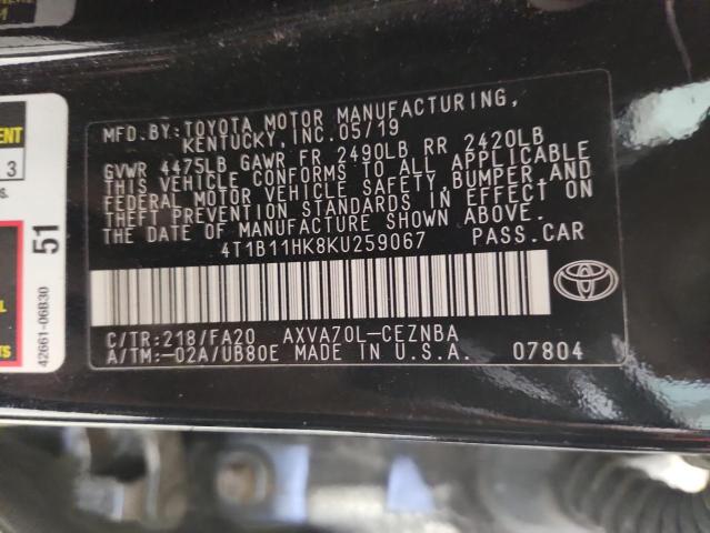 4T1B11HK8KU259067 - 2019 TOYOTA CAMRY L 黑色 照片 12