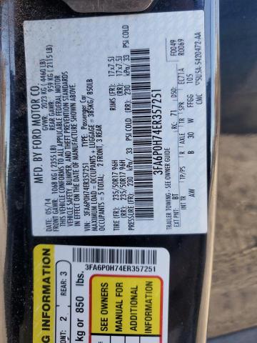 3FA6P0H74ER357251 - 2014 FORD FUSION SE BLACK photo 12