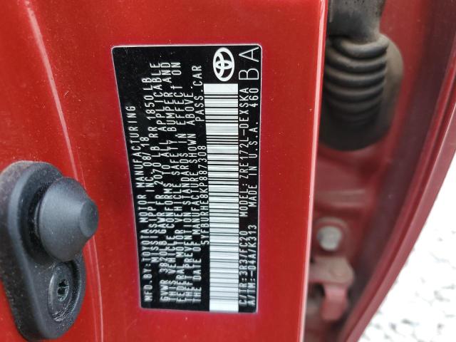 5YFBURHE8KP887308 - 2019 TOYOTA COROLLA L RED photo 12