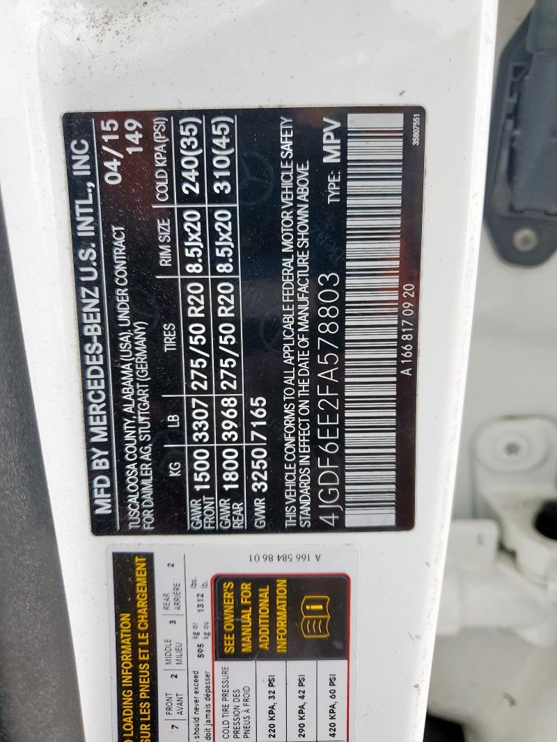 4JGDF6EE2FA578803 - 2015 MERCEDES-BENZ GL 450 4MATIC WHITE photo 13