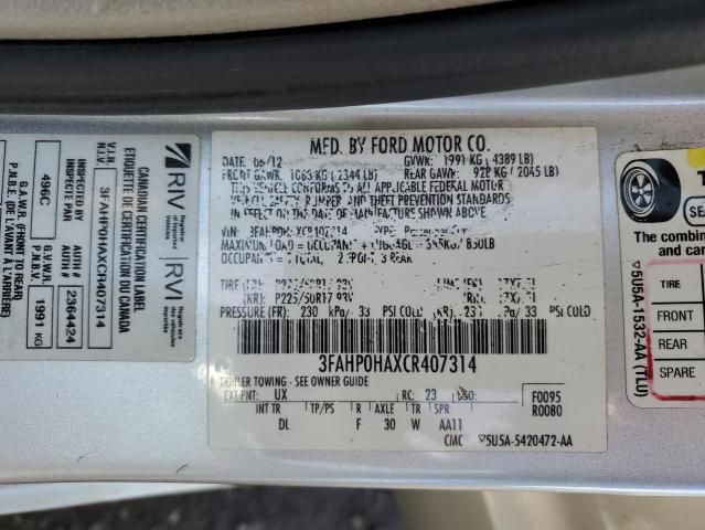 3FAHP0HAXCR407314 - 2012 FORD FUSION SE SILVER photo 13