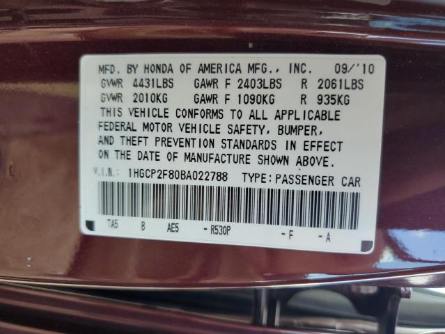 1HGCP2F80BA022788 - 2011 HONDA ACCORD EXL BURGUNDY photo 12