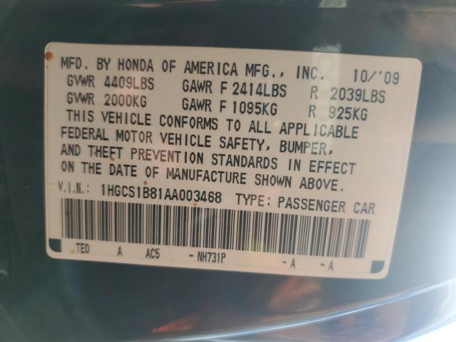 1HGCS1B81AA003468 - 2010 HONDA ACCORD EXL 黑色 照片 12