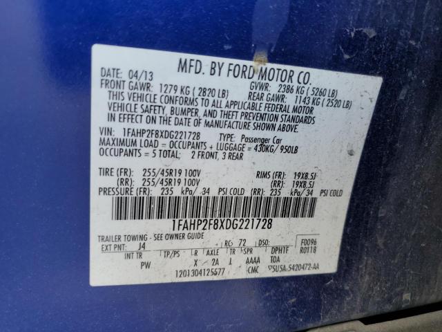 1FAHP2F8XDG221728 - 2013 FORD TAURUS LIMITED BLUE photo 12