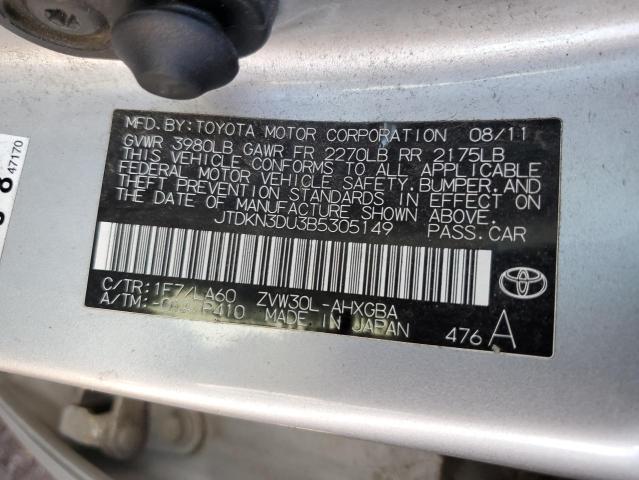JTDKN3DU3B5305149 - 2011 TOYOTA PRIUS SILVER photo 12