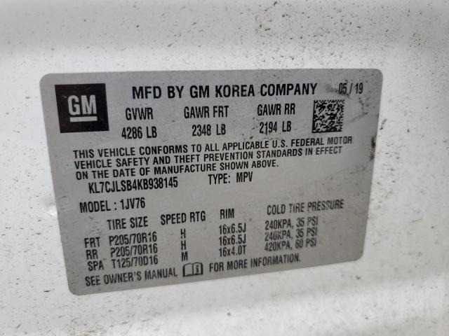 KL7CJLSB4KB938145 - 2019 CHEVROLET TRAX 1LT WHITE photo 13